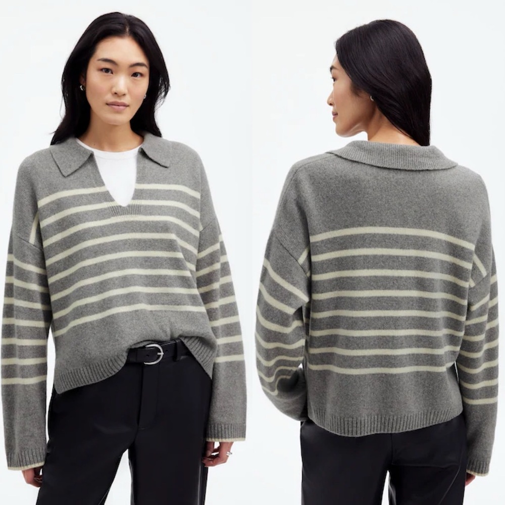 🆕 Madewell cashmere wool-blend polo collar sweater in stripe
